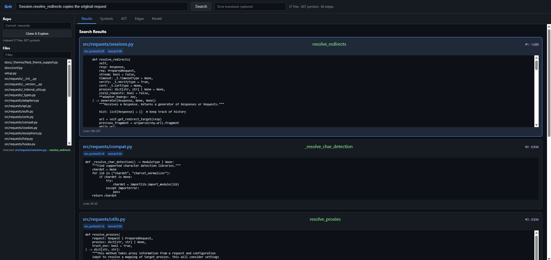 Grit explorer showing ranked search results for resolve_redirects with per-signal scores and inline function body