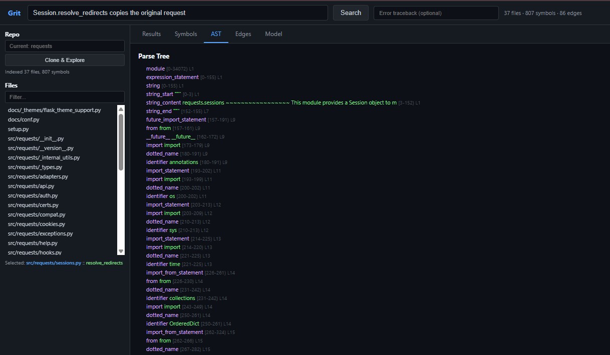 Grit explorer AST tab showing the tree-sitter parse tree with byte ranges on every node